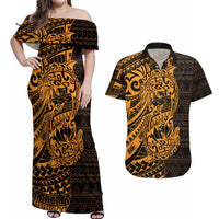 Gold Couple Dolphins Maori Polynesian Style Couples Matching Off Shoulder Maxi Dress and Hawaiian Shirt LT9 Gold - Polynesian Pride