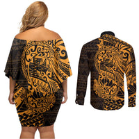 Gold Couple Dolphins Maori Polynesian Style Couples Matching Off Shoulder Short Dress and Long Sleeve Button Shirt