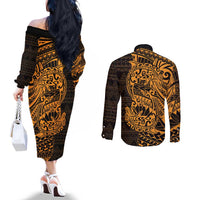 Gold Couple Dolphins Maori Polynesian Style Couples Matching Off The Shoulder Long Sleeve Dress and Long Sleeve Button Shirt LT9 - Polynesian Pride