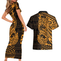 Gold Couple Dolphins Maori Polynesian Style Couples Matching Short Sleeve Bodycon Dress and Hawaiian Shirt LT9 - Polynesian Pride