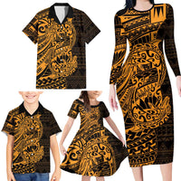 Gold Couple Dolphins Maori Polynesian Style Family Matching Long Sleeve Bodycon Dress and Hawaiian Shirt LT9 - Polynesian Pride