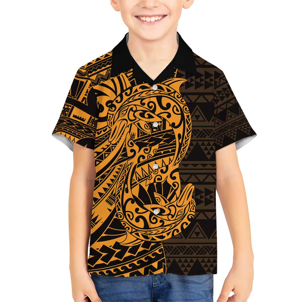 Gold Couple Dolphins Maori Polynesian Style Family Matching Long Sleeve Bodycon Dress and Hawaiian Shirt LT9 Son's Shirt Gold - Polynesian Pride