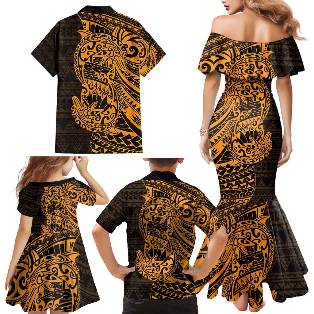 Gold Couple Dolphins Maori Polynesian Style Family Matching Mermaid Dress and Hawaiian Shirt LT9 - Polynesian Pride