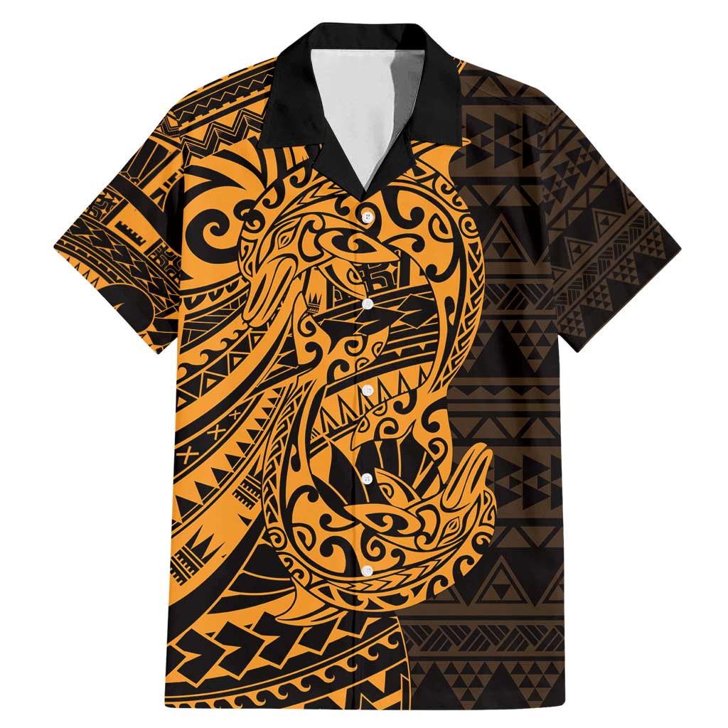 Gold Couple Dolphins Maori Polynesian Style Family Matching Mermaid Dress and Hawaiian Shirt LT9 Dad's Shirt - Short Sleeve Gold - Polynesian Pride
