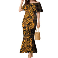 Gold Couple Dolphins Maori Polynesian Style Family Matching Mermaid Dress and Hawaiian Shirt LT9 Mom's Dress Gold - Polynesian Pride
