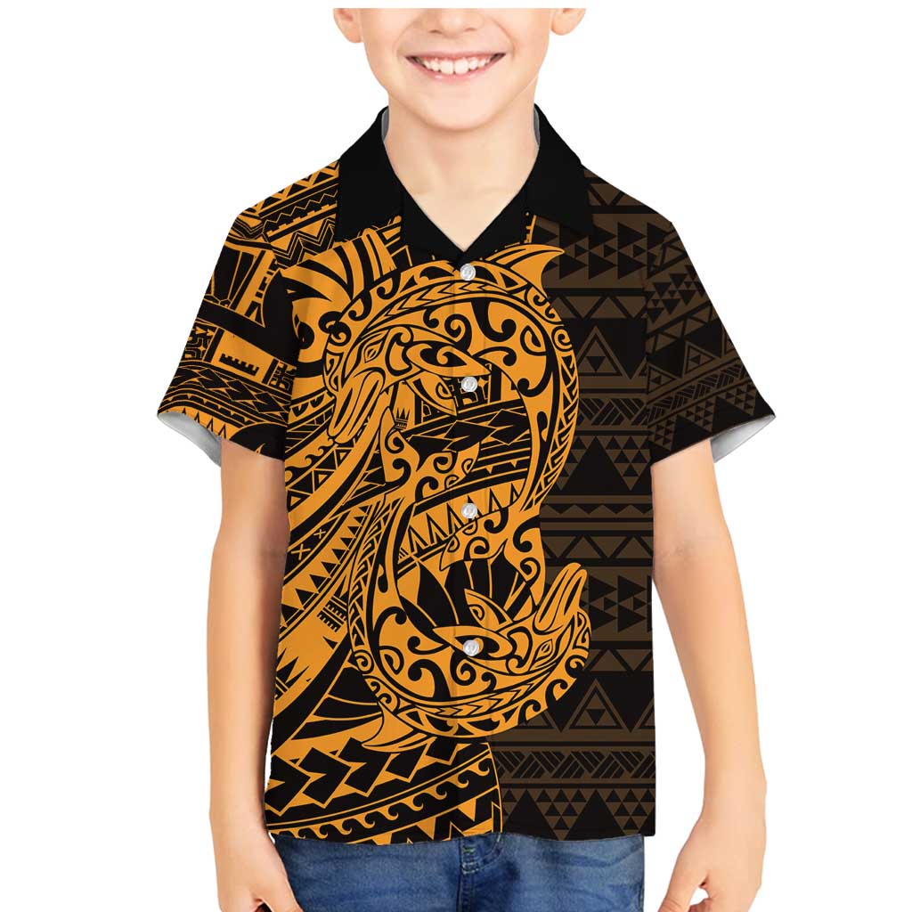 Gold Couple Dolphins Maori Polynesian Style Family Matching Mermaid Dress and Hawaiian Shirt LT9 Son's Shirt Gold - Polynesian Pride