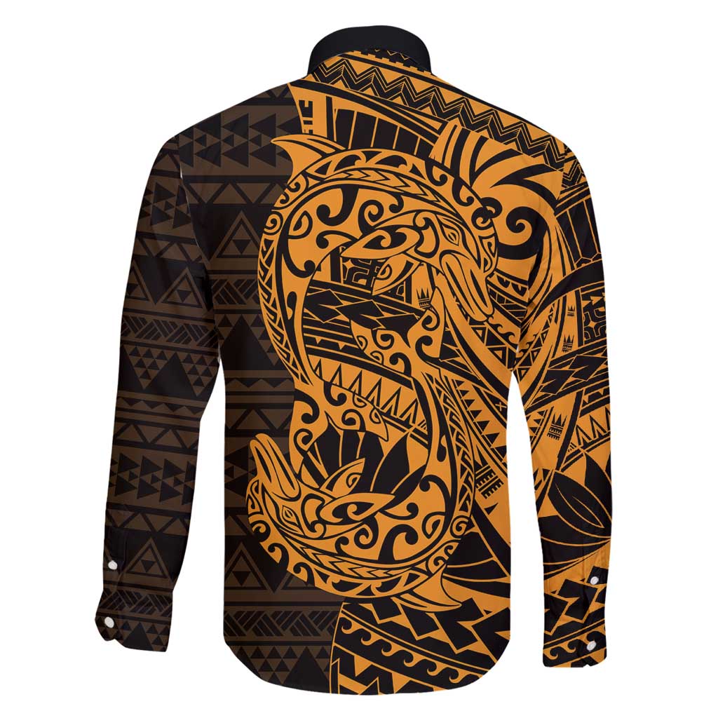 Gold Couple Dolphins Maori Polynesian Style Family Matching Off Shoulder Maxi Dress and Hawaiian Shirt
