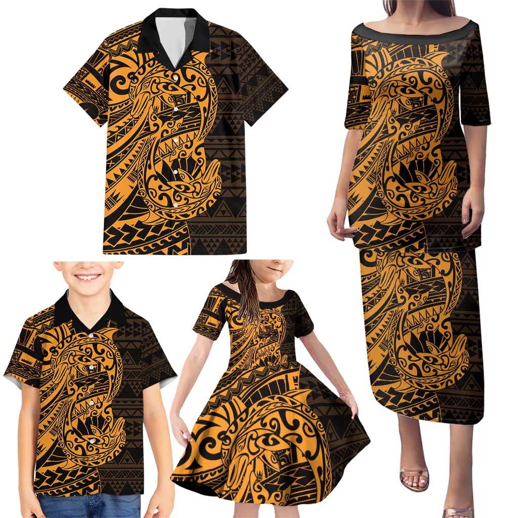 Gold Couple Dolphins Maori Polynesian Style Family Matching Puletasi and Hawaiian Shirt LT9 - Polynesian Pride