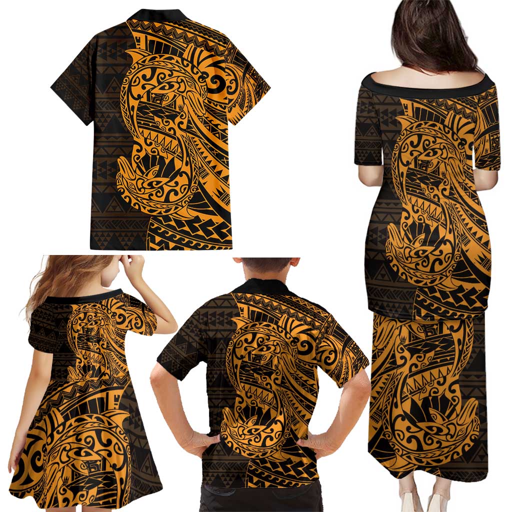 Gold Couple Dolphins Maori Polynesian Style Family Matching Puletasi and Hawaiian Shirt LT9 - Polynesian Pride