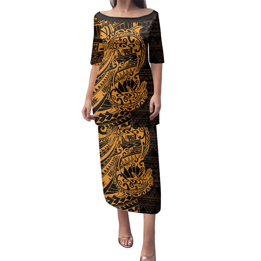 Gold Couple Dolphins Maori Polynesian Style Family Matching Puletasi and Hawaiian Shirt LT9 Mom's Dress Gold - Polynesian Pride