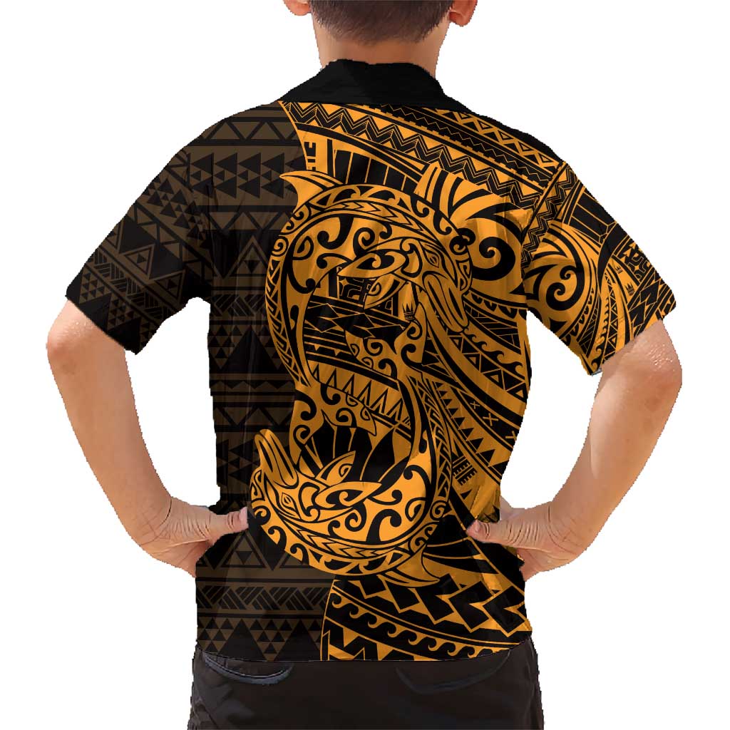 Gold Couple Dolphins Maori Polynesian Style Family Matching Short Sleeve Bodycon Dress and Hawaiian Shirt LT9 - Polynesian Pride