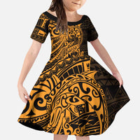 Gold Couple Dolphins Maori Polynesian Style Family Matching Short Sleeve Bodycon Dress and Hawaiian Shirt LT9 Daughter's Dress Gold - Polynesian Pride