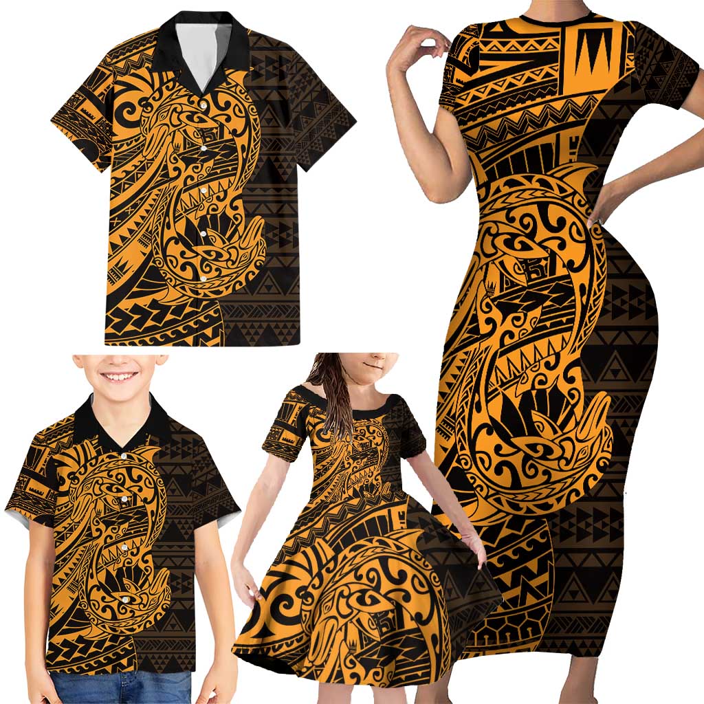 Gold Couple Dolphins Maori Polynesian Style Family Matching Short Sleeve Bodycon Dress and Hawaiian Shirt LT9 - Polynesian Pride