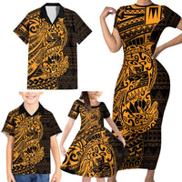Gold Couple Dolphins Maori Polynesian Style Family Matching Short Sleeve Bodycon Dress and Hawaiian Shirt LT9 - Polynesian Pride