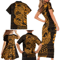 Gold Couple Dolphins Maori Polynesian Style Family Matching Short Sleeve Bodycon Dress and Hawaiian Shirt LT9 - Polynesian Pride