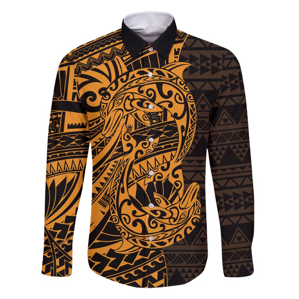 Gold Couple Dolphins Maori Polynesian Style Family Matching Short Sleeve Bodycon Dress and Hawaiian Shirt LT9 Dad's Shirt - Long Sleeve Gold - Polynesian Pride