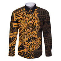 Gold Couple Dolphins Maori Polynesian Style Family Matching Tank Maxi Dress and Hawaiian Shirt LT9 Dad's Shirt - Long Sleeve Gold - Polynesian Pride