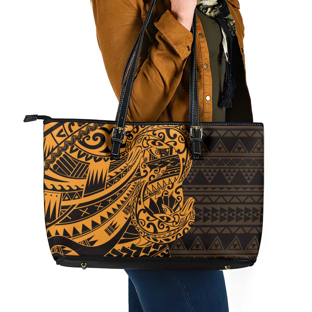 Gold Couple Dolphins Maori Polynesian Style Leather Tote Bag LT9 - Polynesian Pride