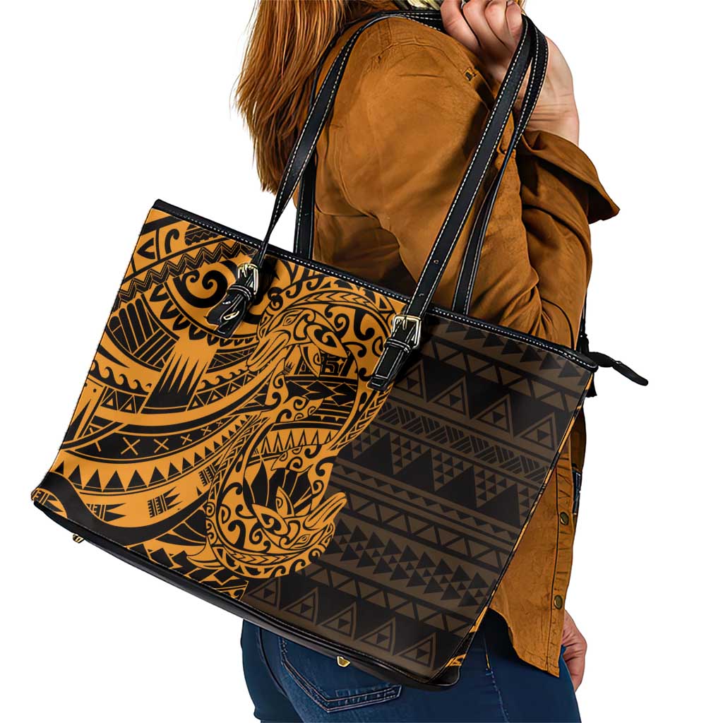 Gold Couple Dolphins Maori Polynesian Style Leather Tote Bag LT9 - Polynesian Pride