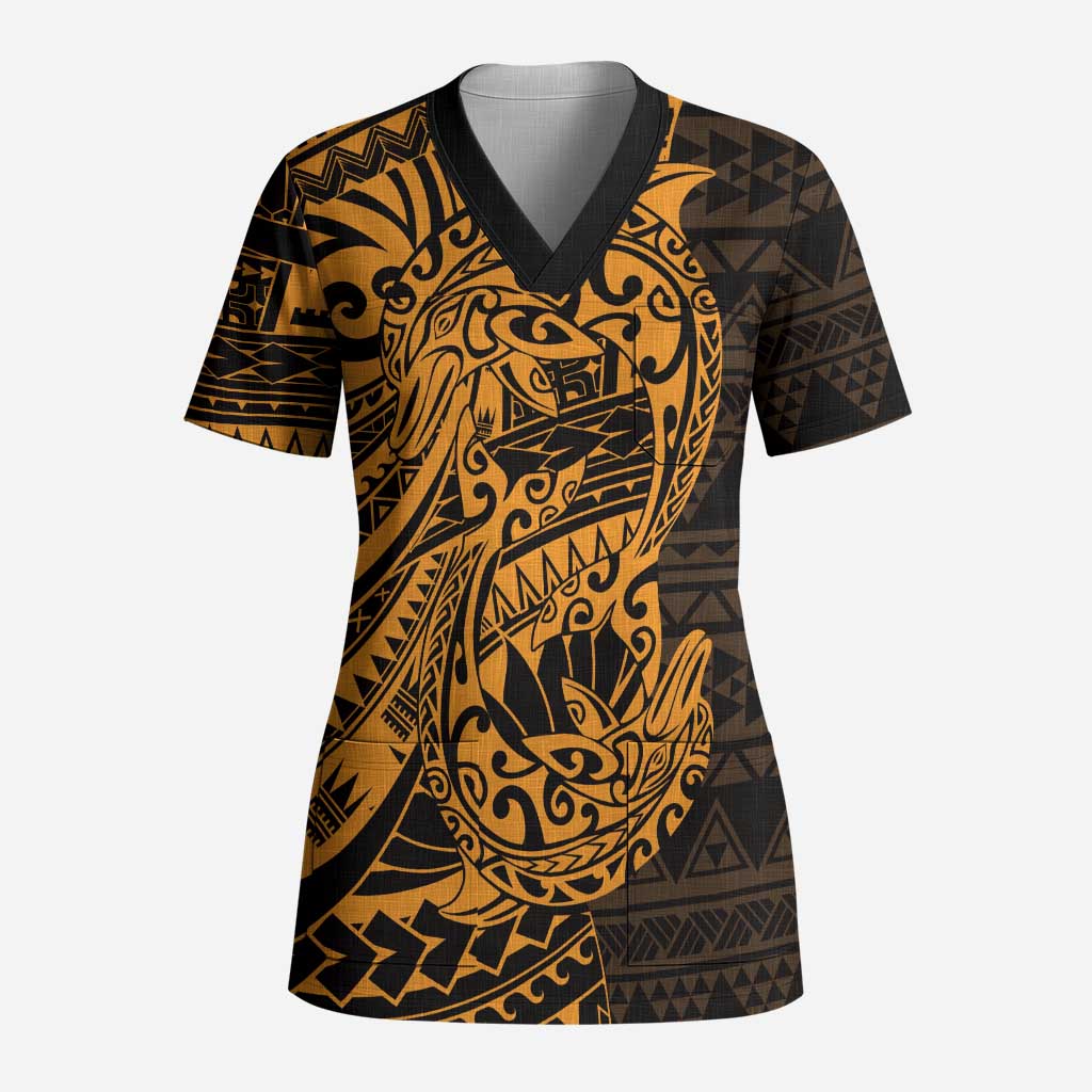 Gold Couple Dolphins Maori Polynesian Style Scrub Top - Polynesian Pride