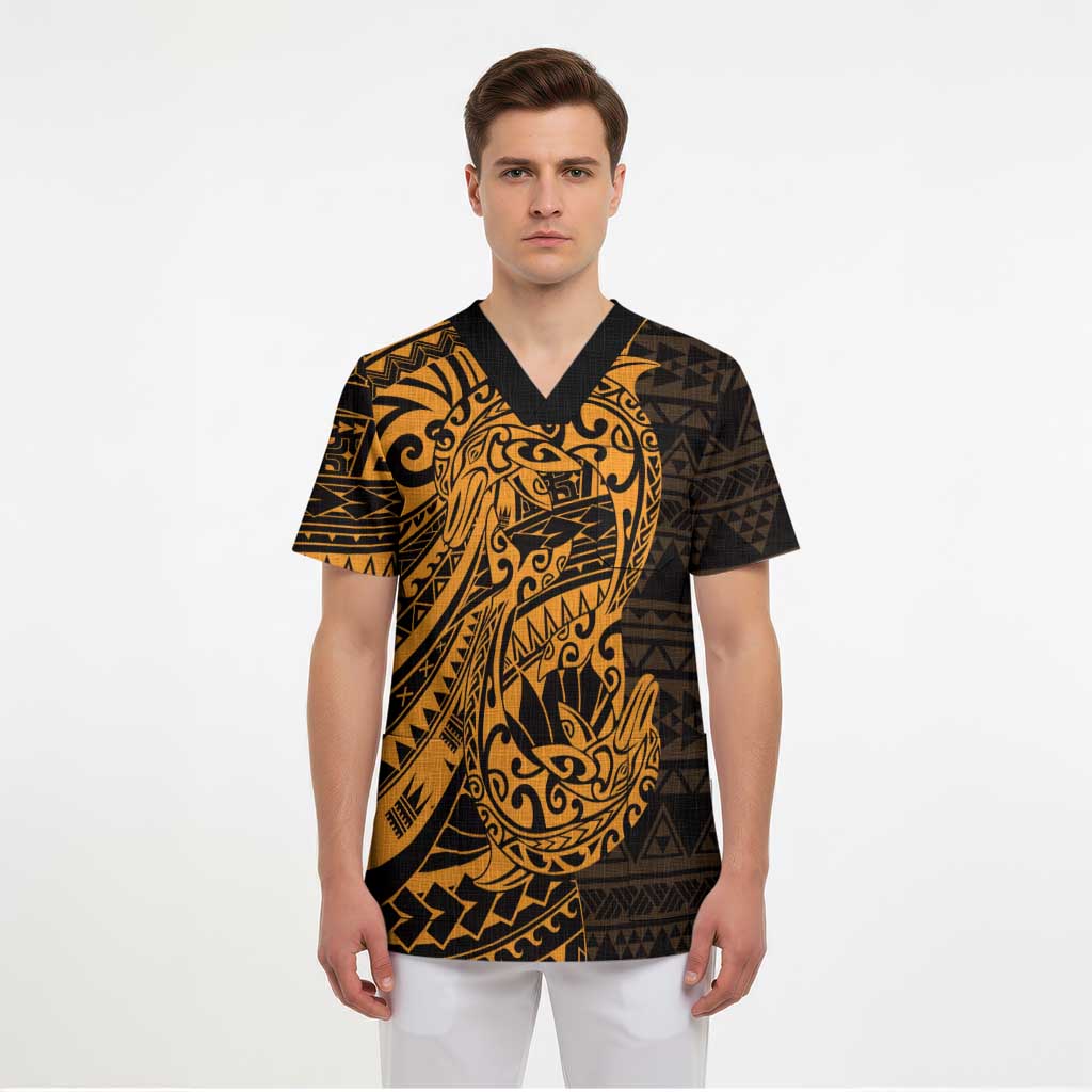 Gold Couple Dolphins Maori Polynesian Style Scrub Top - Polynesian Pride