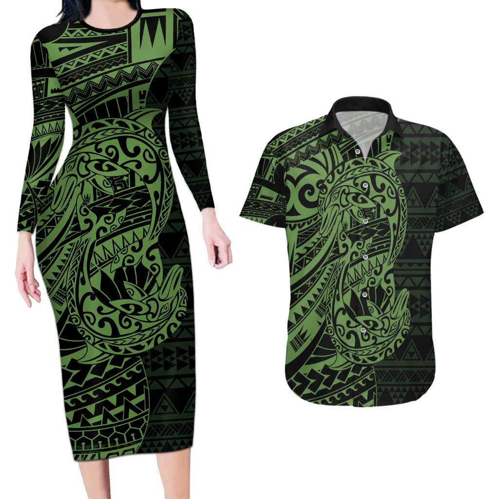 Green Couple Dolphins Maori Polynesian Style Couples Matching Long Sleeve Bodycon Dress and Hawaiian Shirt LT9 Green - Polynesian Pride