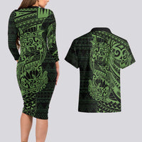 Green Couple Dolphins Maori Polynesian Style Couples Matching Long Sleeve Bodycon Dress and Hawaiian Shirt LT9 - Polynesian Pride