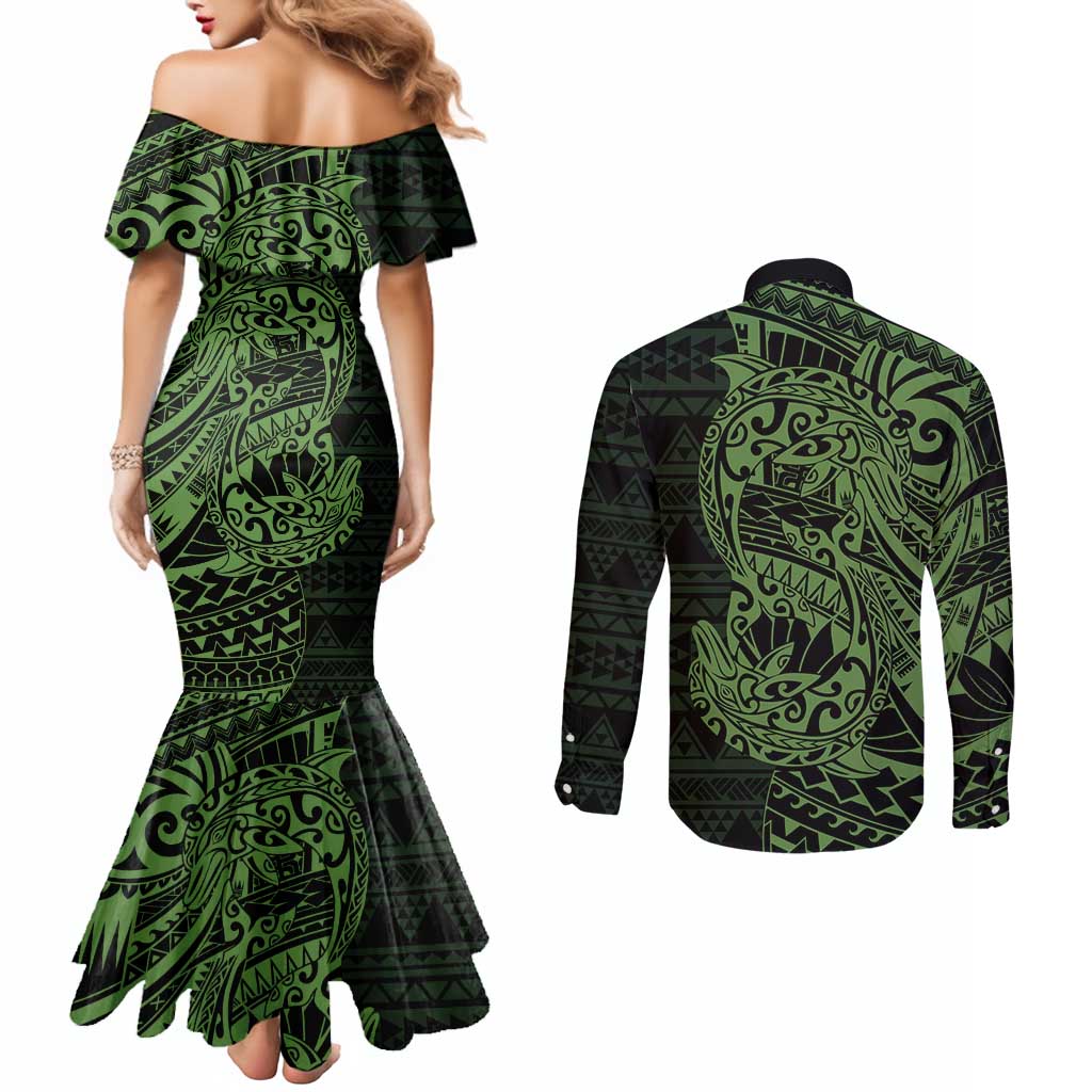 Green Couple Dolphins Maori Polynesian Style Couples Matching Mermaid Dress and Long Sleeve Button Shirt LT9 - Polynesian Pride