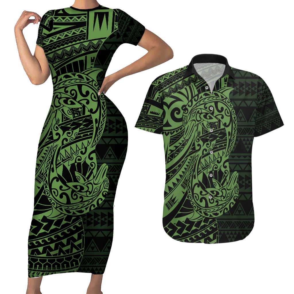 Green Couple Dolphins Maori Polynesian Style Couples Matching Short Sleeve Bodycon Dress and Hawaiian Shirt LT9 Green - Polynesian Pride