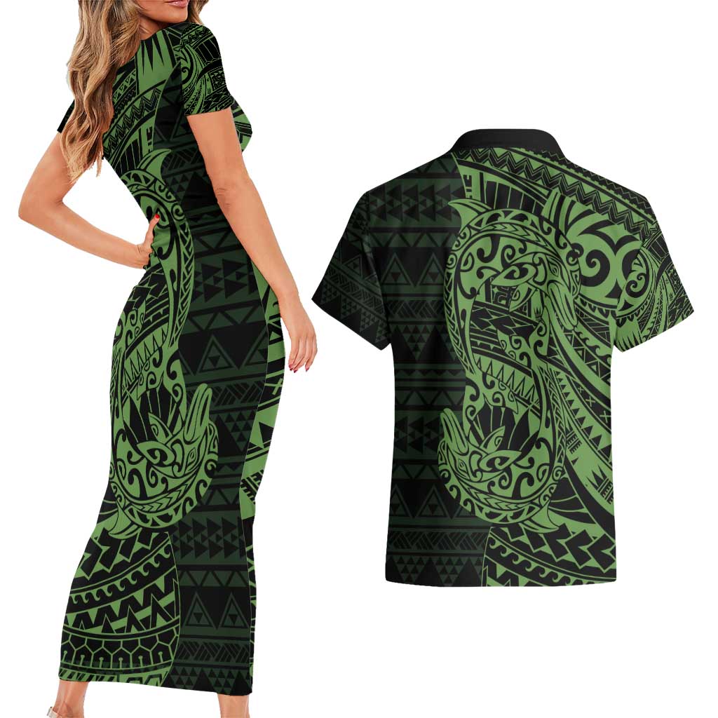 Green Couple Dolphins Maori Polynesian Style Couples Matching Short Sleeve Bodycon Dress and Hawaiian Shirt LT9 - Polynesian Pride