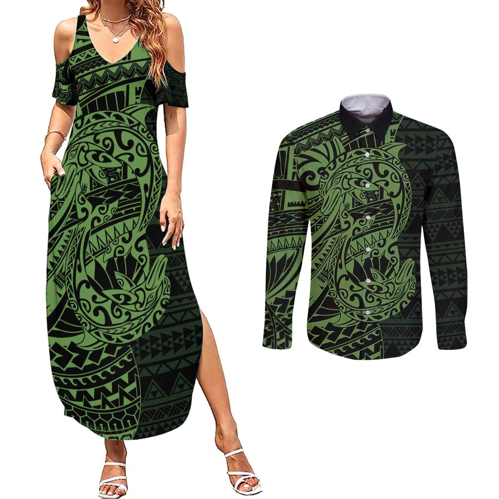 Green Couple Dolphins Maori Polynesian Style Couples Matching Summer Maxi Dress and Long Sleeve Button Shirt LT9 Green - Polynesian Pride