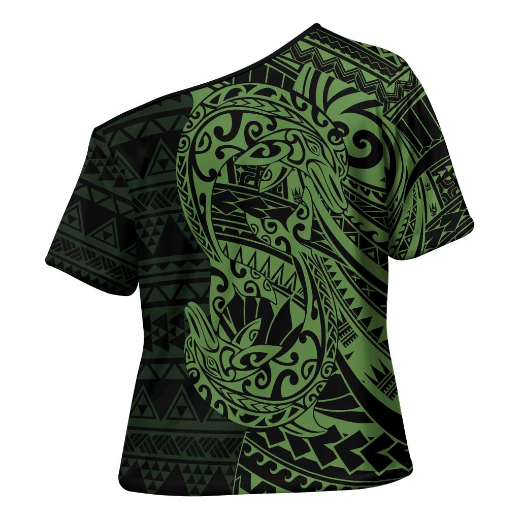 Green Couple Dolphins Maori Polynesian Style Cross Shoulder Shirt - Polynesian Pride