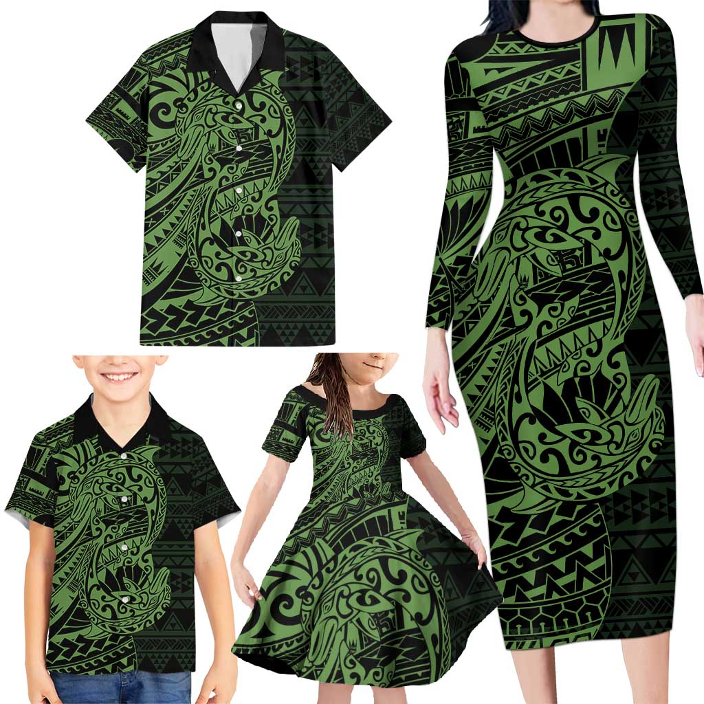 Green Couple Dolphins Maori Polynesian Style Family Matching Long Sleeve Bodycon Dress and Hawaiian Shirt LT9 - Polynesian Pride