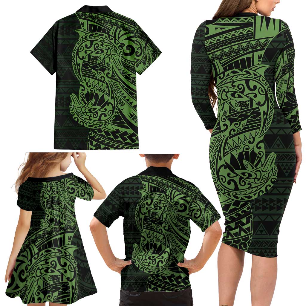 Green Couple Dolphins Maori Polynesian Style Family Matching Long Sleeve Bodycon Dress and Hawaiian Shirt LT9 - Polynesian Pride