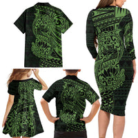 Green Couple Dolphins Maori Polynesian Style Family Matching Long Sleeve Bodycon Dress and Hawaiian Shirt LT9 - Polynesian Pride