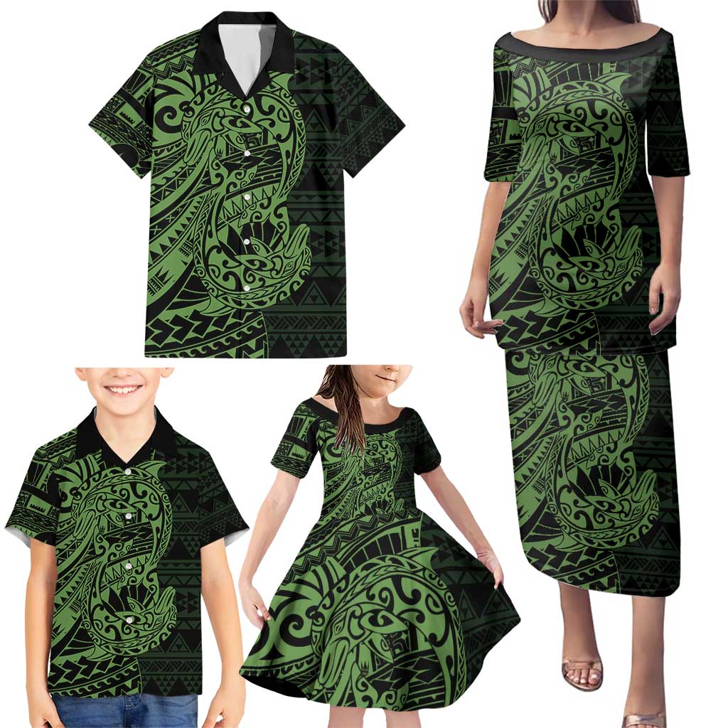 Green Couple Dolphins Maori Polynesian Style Family Matching Puletasi and Hawaiian Shirt LT9 - Polynesian Pride