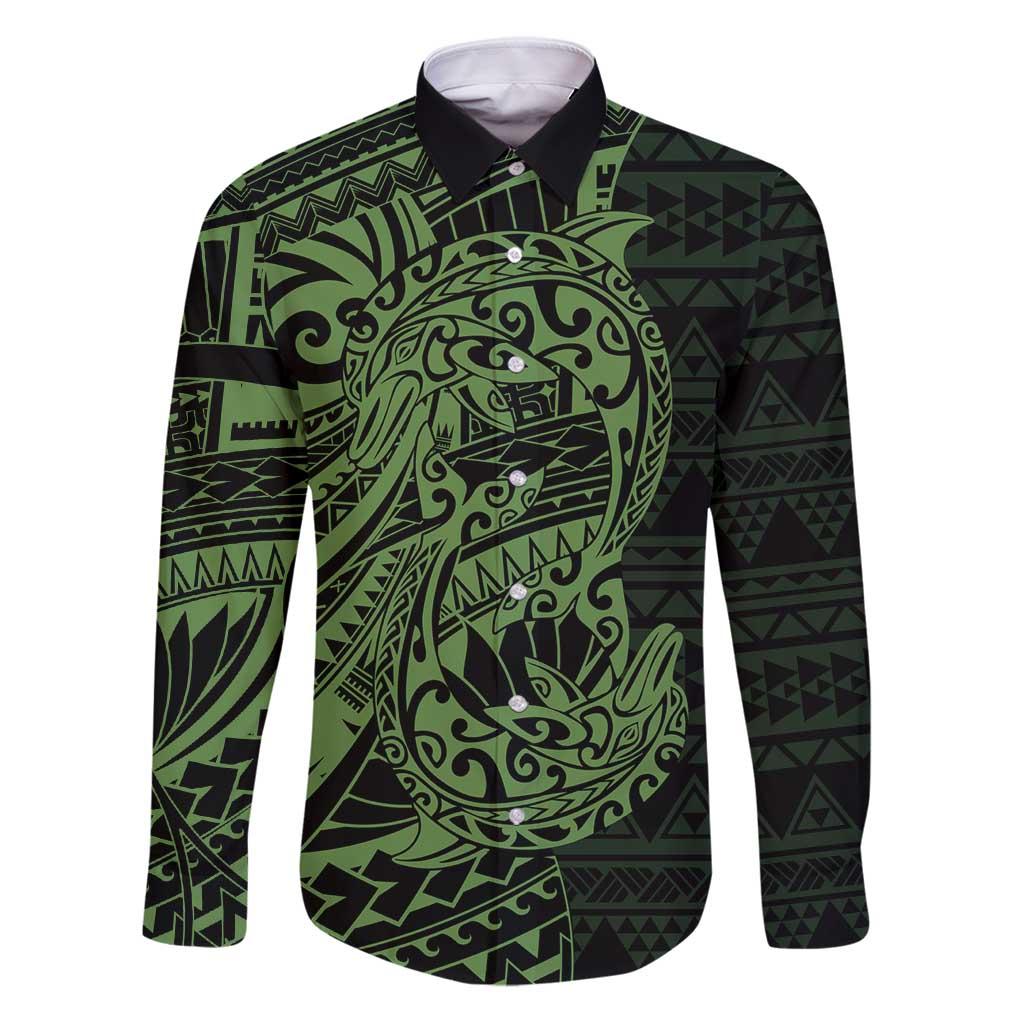 Green Couple Dolphins Maori Polynesian Style Family Matching Puletasi and Hawaiian Shirt LT9 Dad's Shirt - Long Sleeve Green - Polynesian Pride