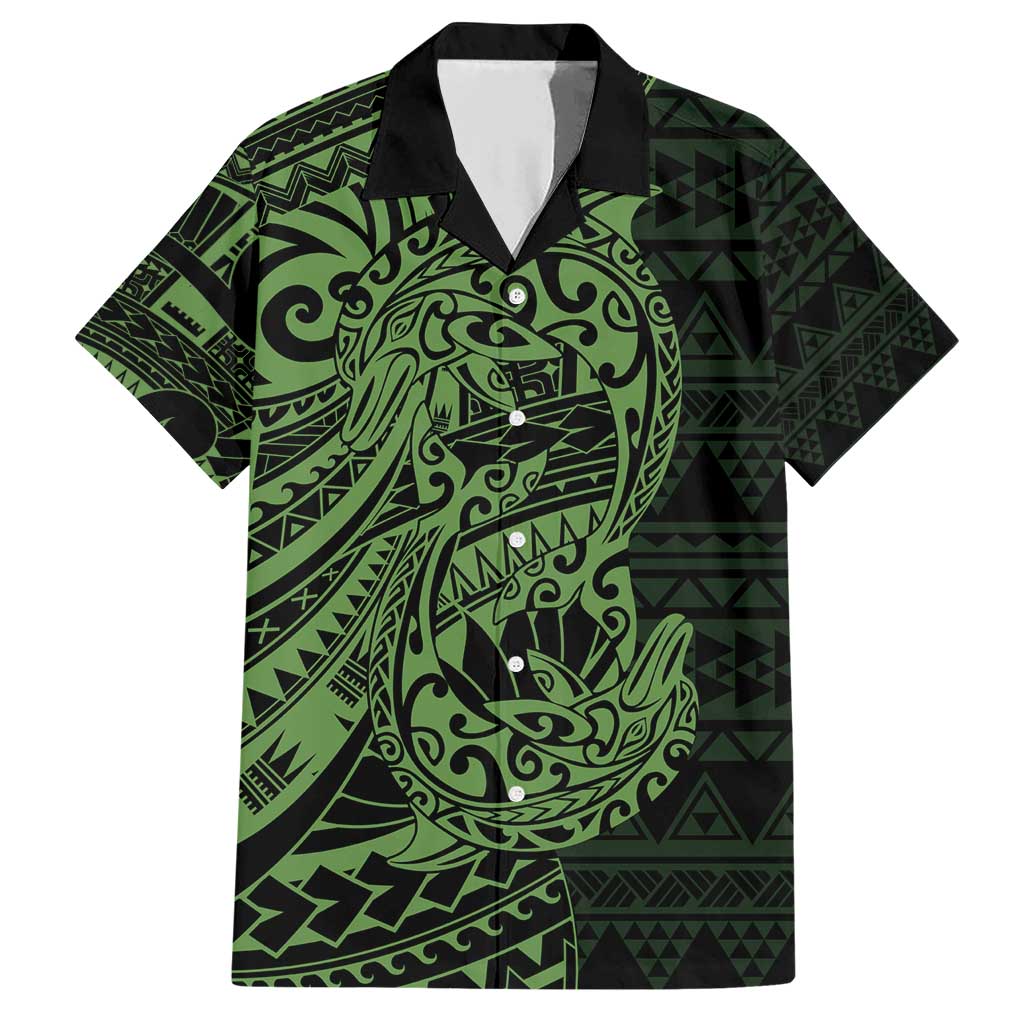 Green Couple Dolphins Maori Polynesian Style Family Matching Short Sleeve Bodycon Dress and Hawaiian Shirt LT9 Dad's Shirt - Short Sleeve Green - Polynesian Pride