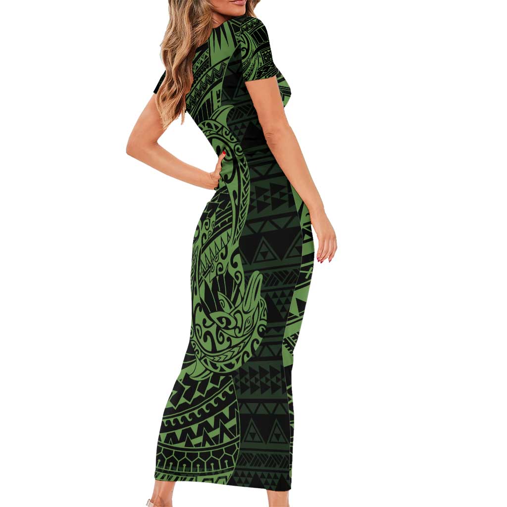 Green Couple Dolphins Maori Polynesian Style Family Matching Short Sleeve Bodycon Dress and Hawaiian Shirt LT9 - Polynesian Pride