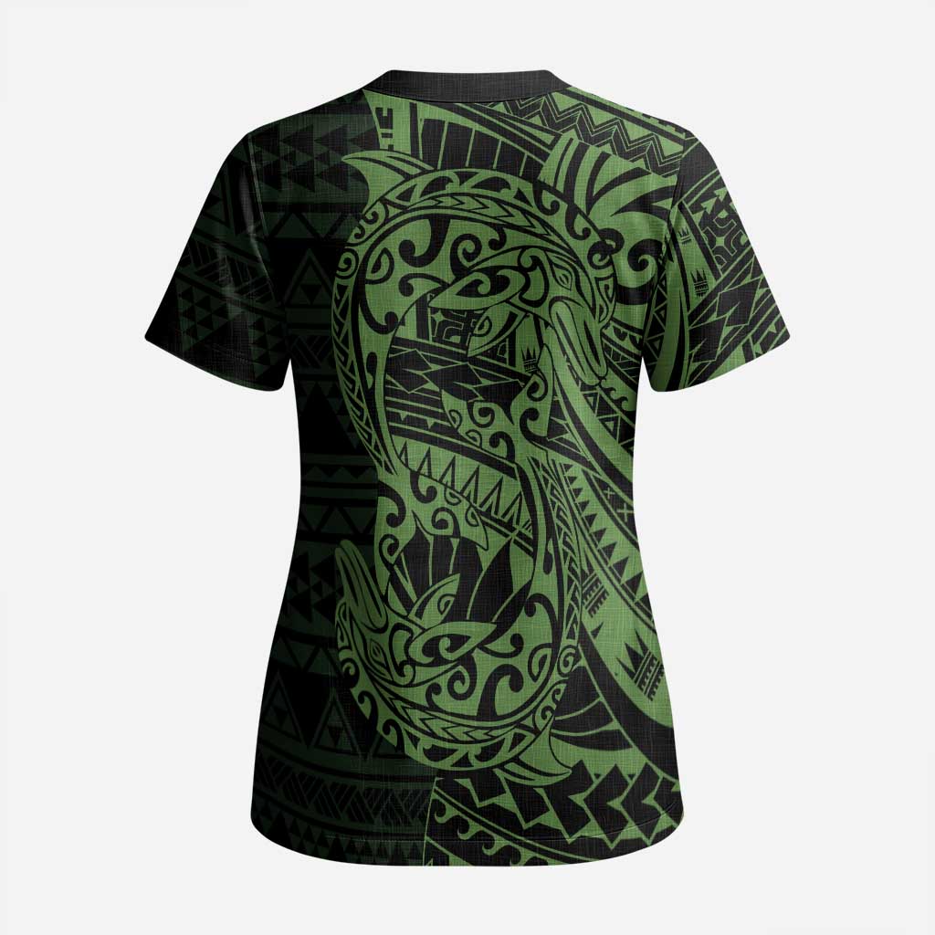 Green Couple Dolphins Maori Polynesian Style Scrub Top - Polynesian Pride