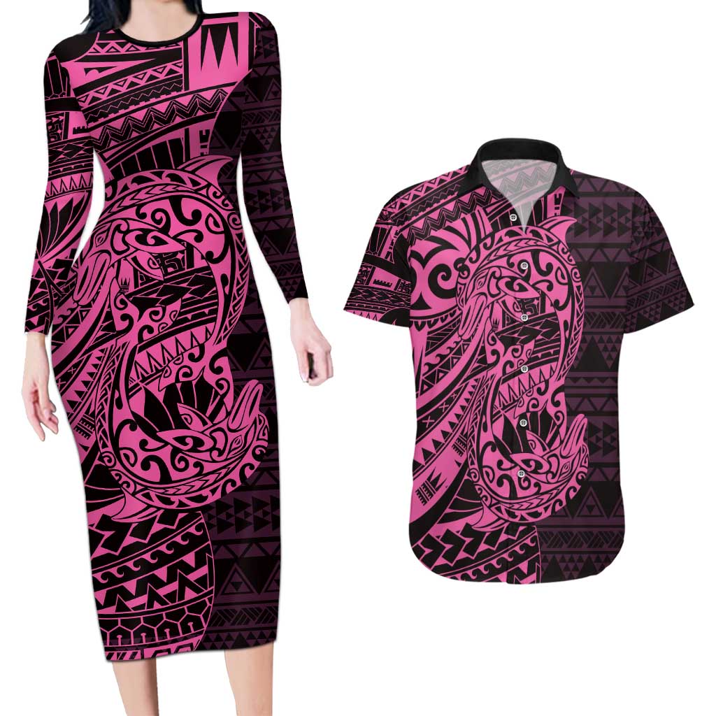 Pink Couple Dolphins Maori Polynesian Style Couples Matching Long Sleeve Bodycon Dress and Hawaiian Shirt LT9 Pink - Polynesian Pride