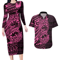 Pink Couple Dolphins Maori Polynesian Style Couples Matching Long Sleeve Bodycon Dress and Hawaiian Shirt LT9 Pink - Polynesian Pride