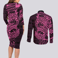 Pink Couple Dolphins Maori Polynesian Style Couples Matching Long Sleeve Bodycon Dress and Long Sleeve Button Shirt LT9 - Polynesian Pride