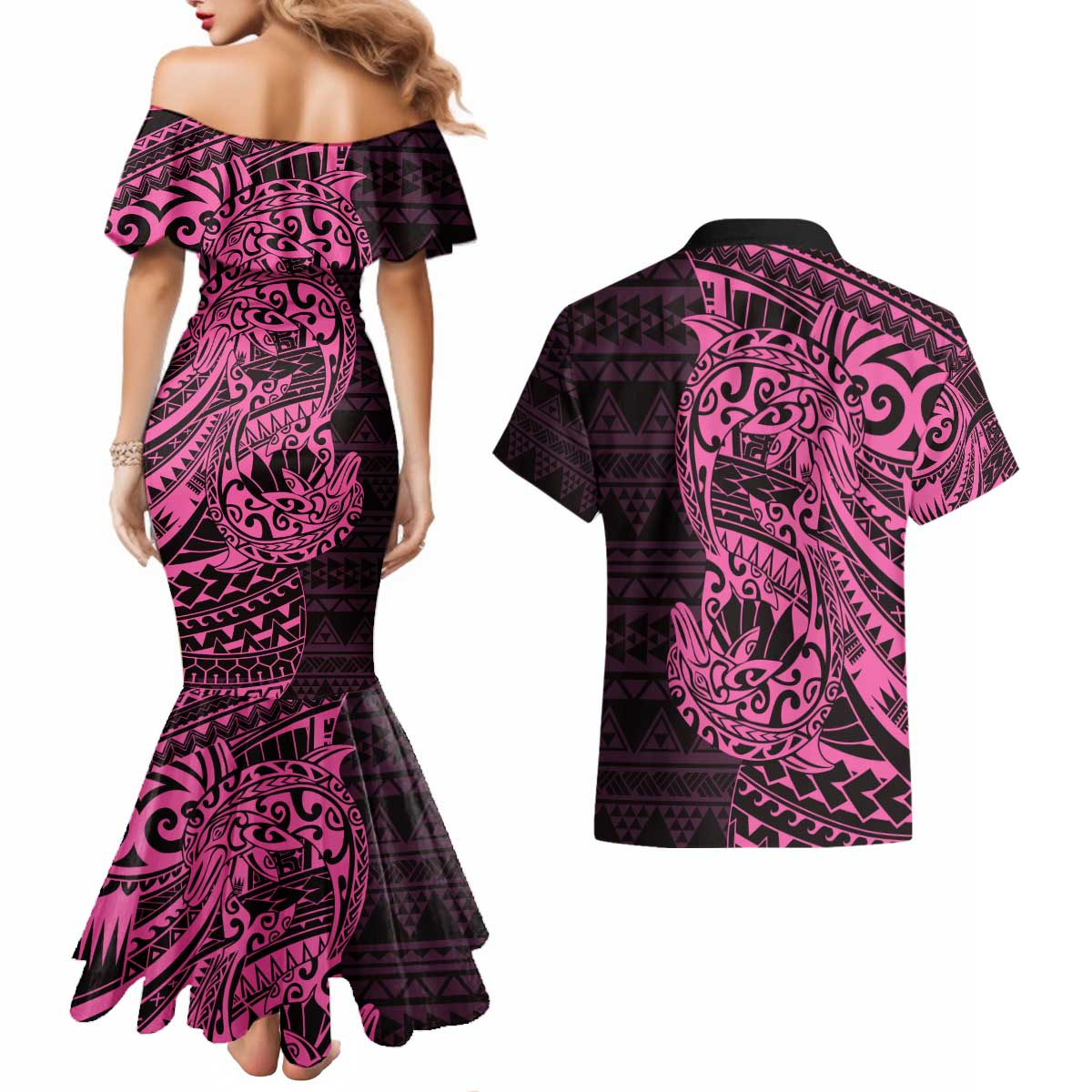 Pink Couple Dolphins Maori Polynesian Style Couples Matching Mermaid Dress and Hawaiian Shirt LT9 - Polynesian Pride