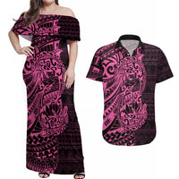 Pink Couple Dolphins Maori Polynesian Style Couples Matching Off Shoulder Maxi Dress and Hawaiian Shirt LT9 Pink - Polynesian Pride