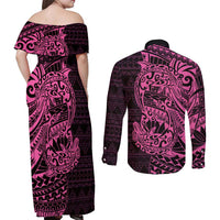 Pink Couple Dolphins Maori Polynesian Style Couples Matching Off Shoulder Maxi Dress and Long Sleeve Button Shirt