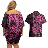 Pink Couple Dolphins Maori Polynesian Style Couples Matching Off Shoulder Short Dress and Hawaiian Shirt LT9 - Polynesian Pride