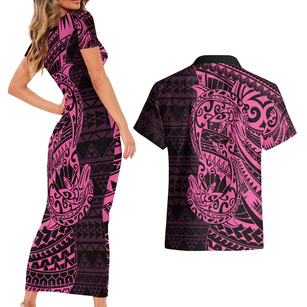 Pink Couple Dolphins Maori Polynesian Style Couples Matching Short Sleeve Bodycon Dress and Hawaiian Shirt LT9 - Polynesian Pride