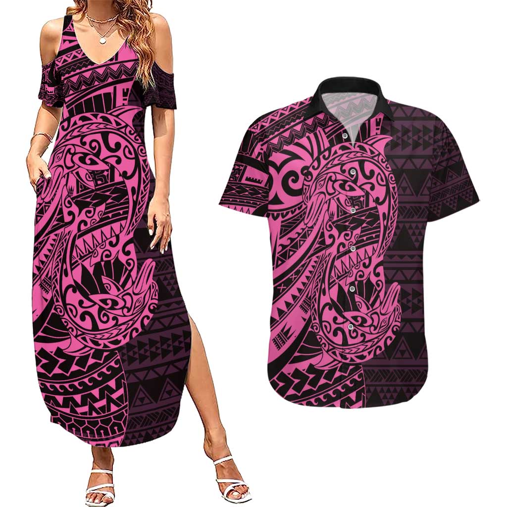 Pink Couple Dolphins Maori Polynesian Style Couples Matching Summer Maxi Dress and Hawaiian Shirt LT9 Pink - Polynesian Pride