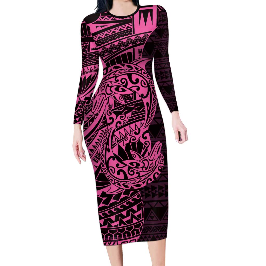 Pink Couple Dolphins Maori Polynesian Style Family Matching Long Sleeve Bodycon Dress and Hawaiian Shirt LT9 Mom's Dress Pink - Polynesian Pride
